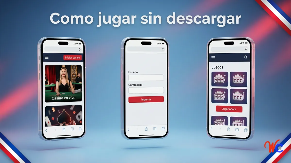 Tres pantallas de celular mostrando como iniciar sesion y jugar en WinChile desde el navegador sin descargar apk
